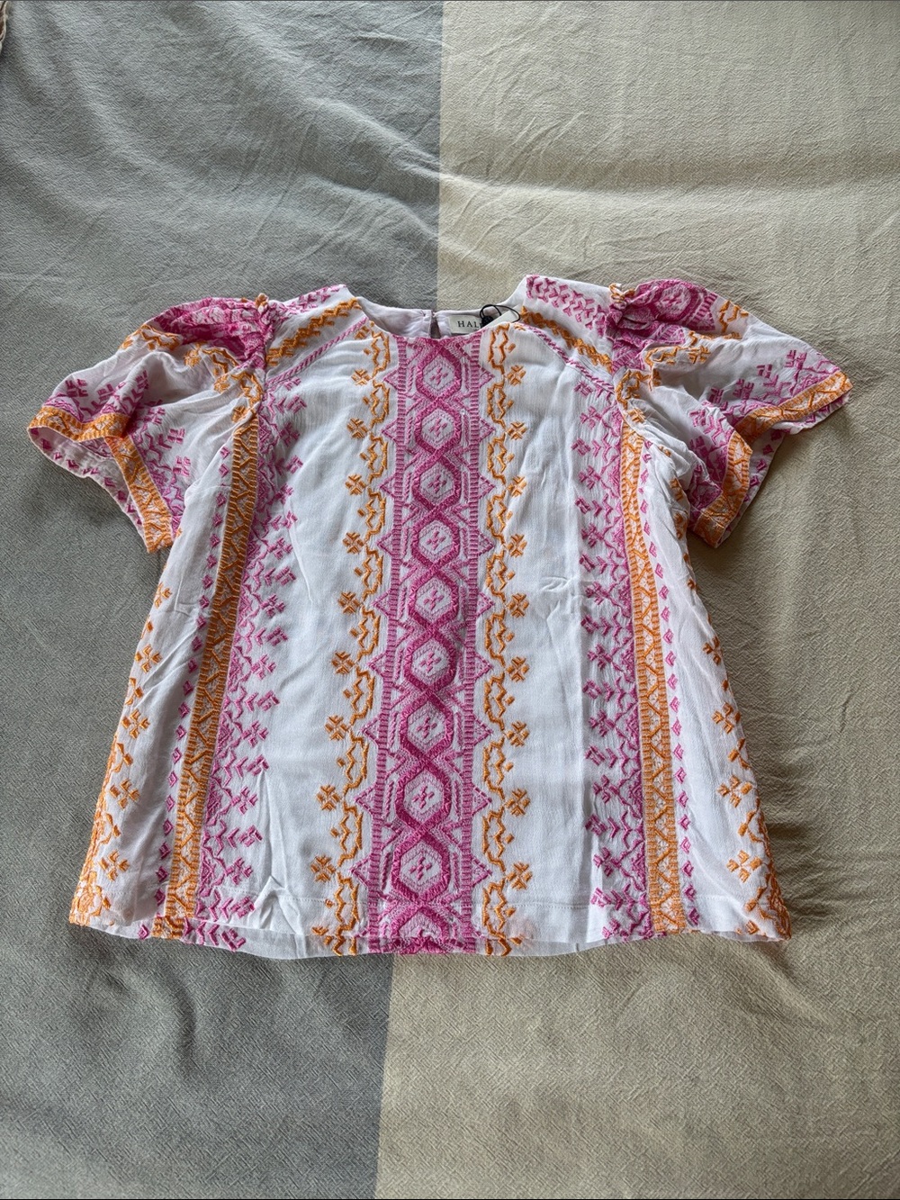 NEW Hale Bob White Embroidered Peasant Top with Pink & Orange Accents